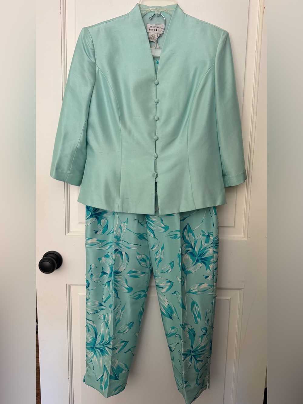 Adrianna Papell Vintage 100% Silk Pant Suit Set Turquoise Green Floral Size 10